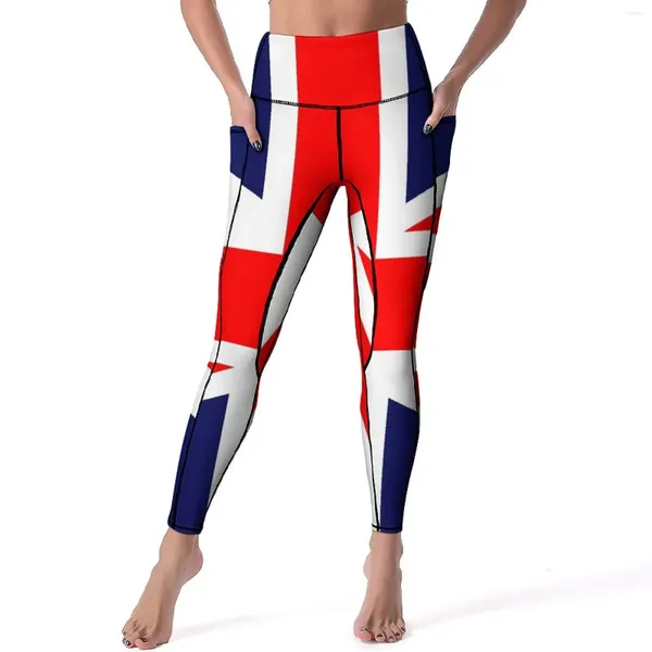 Calças ativas grande bandeira britânica leggings bolsos bandeiras impressão gráfico yoga push up correndo legging bonito elástico esporte