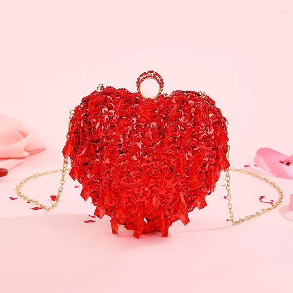 Abendtaschen Rote Liebe Herzförmige Handtasche mit Top-Griff Luxus Kristall Diamant Quasten Hochzeit Braut Bankett Party Kette Geldbörse