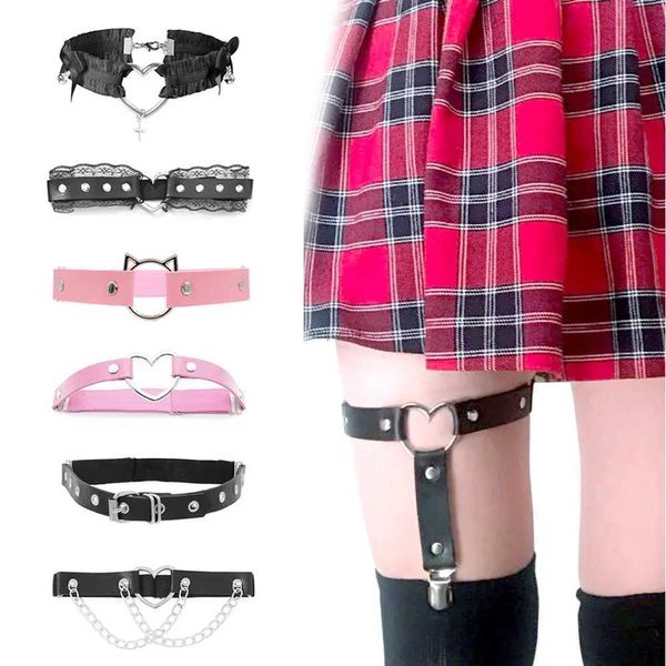 Bondage cosplay harajuku anel gótico bondage suspender feminino rock sexy elástico cinto de couro do plutônio perna punk arnês amor coração coxa liga