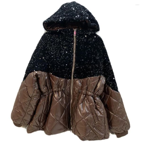 Casacos de trincheira femininos 2024 outono inverno feminino algodão feminino brilhante jaquetas gola de pele falsa senhora com capuz outerwear lantejoulas mujer