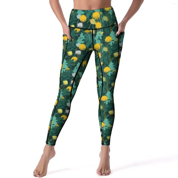 Calças ativas amarelo dandelion leggings plantas impressão push up yoga casual estiramento legging design feminino fitness esportes collants