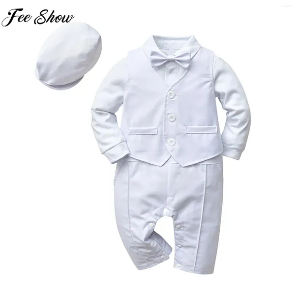 Conjuntos de roupas Bebê Meninos Branco Batizado Macacão Set Manga Longa Bowtie Cavalheiros Terno Casamento Aniversário Batismo Festa Popgrafia Roupas