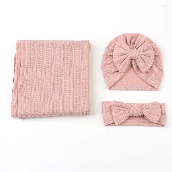 Decken Babydecke Geboren Stirnband Hut 3 Stück Anzug Baumwolle Weich Solide Bunte Säugling Junge Mädchen Schlafsäcke Swaddle Wrap
