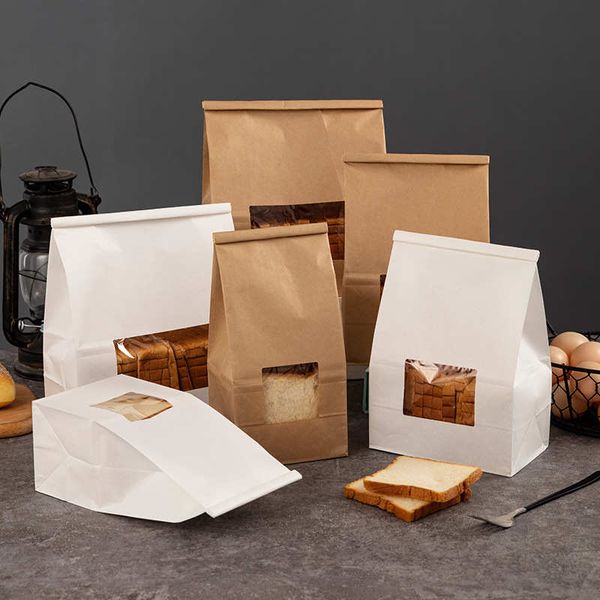 Sacos de embalagem de alimentos para hambúrguer, papel kraft, branco, amarelo, janela transparente, à prova de umidade, bolsa de vedação para pão, torradas, biscoitos, lanche, armazenamento para viagem