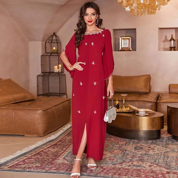 Roupas étnicas Vermelho Preto Verão Marroquino Caftan Dubai Luxo Moda Feminina Vestido Abaya Ramadan Muçulmano Árabe Turquia Jersey Senhora Robe Longo