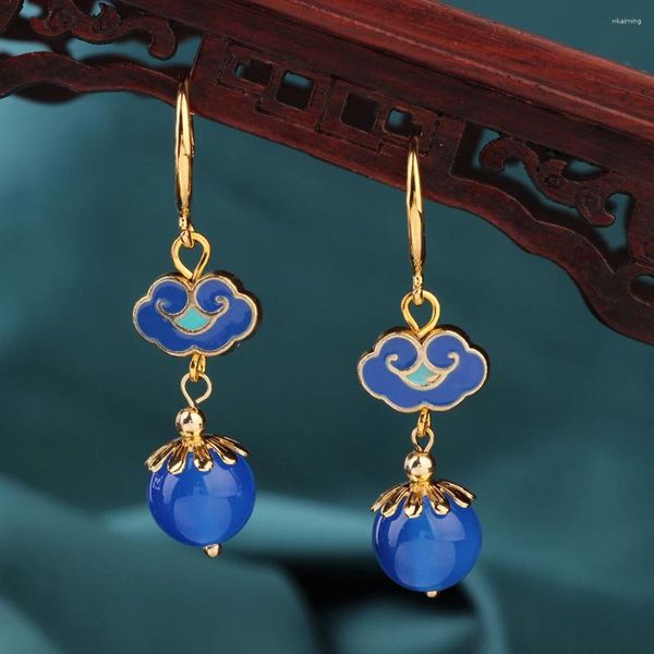 Dangle Brincos Verão Étnico Azul Longo Pedra Natural Gota Vintage Cloisonne Ágata Estilo Chinês Jóias Para Mulheres