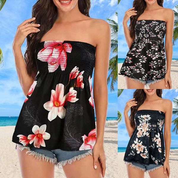 Camisoles tanques mulheres verão moda estampas strapless bandeau tanque casual sem mangas férias soltas férias peito envoltório camisa blusa