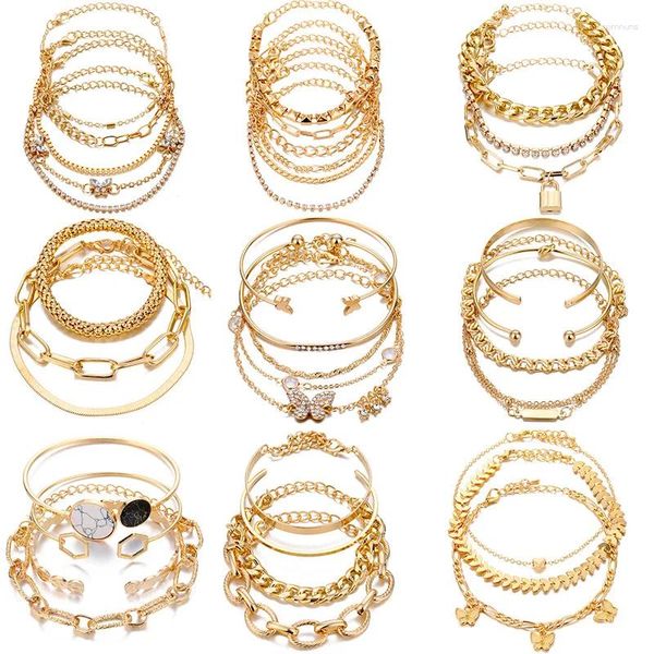 Charm-Armbänder, Boho-Goldketten-Set, 14 Karat vergoldet, mehrlagig, stapelbar, offene Manschette, Wickelarmreif, Link, kubanischer Schmuck für Frauen und Mädchen