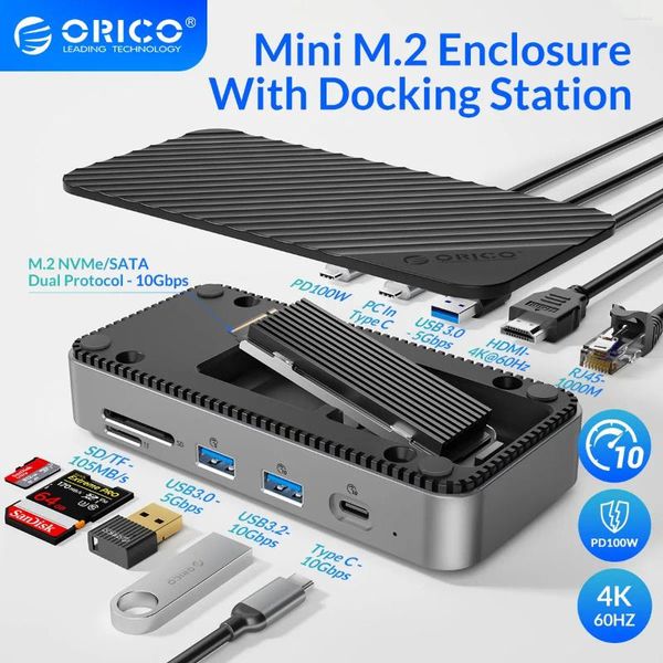 HUB com gabinete SSD M.2 NVMe SATA externo 10Gbps 4K 60Hz HDMI-Com RJ45 SD/TF docking station para laptop Macbook