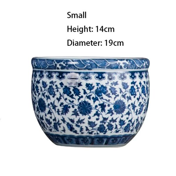 Serbatoi Piccolo vaso rotondo in porcellana cinese blu e bianco per pesci, vaso in ceramica per fiori e draghi