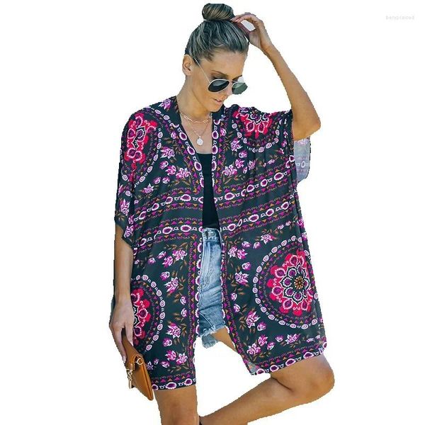 Costume da bagno da donna Shiying Versione europea Giacca da spiaggia Cardigan di media lunghezza Kimono stampato a maniche lunghe Cover Up Tuta di protezione solare sottile