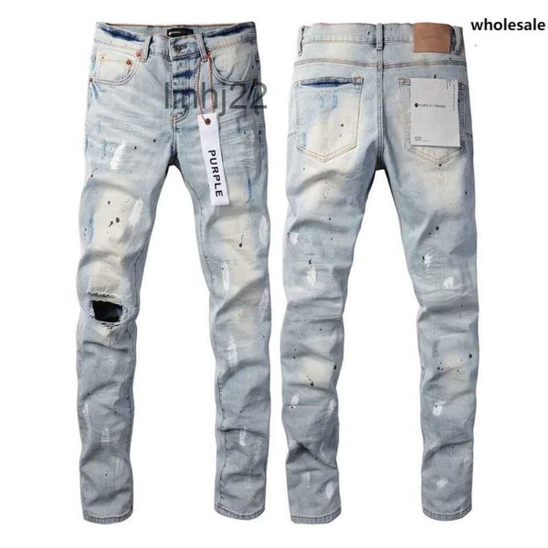 Jeans da uomo viola marchio all'ingrosso High Street blu pantaloni in denim con buco rotto pantaloni lavati slim fit effetto consumatoHNEI
