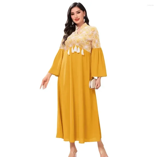 Ethnische Kleidung Muslimische Kleider für Frauen Arabische Türkei Abendkleid Eleganz Abaya Fashion Floral Mesh V-Ausschnitt Casual Dubai Sommer