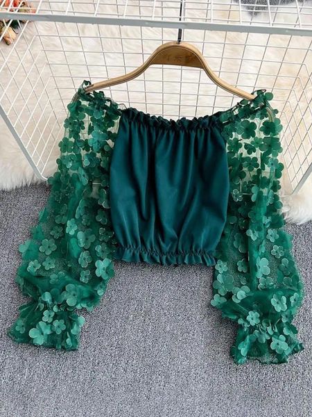 Damenblusen, 3D-Blume, schulterfrei, Chiffon-Bluse, Damen, feines, elegantes Mesh-Pantchwork-Crop-Top, koreanisches Mode-Jugendhemd 2024