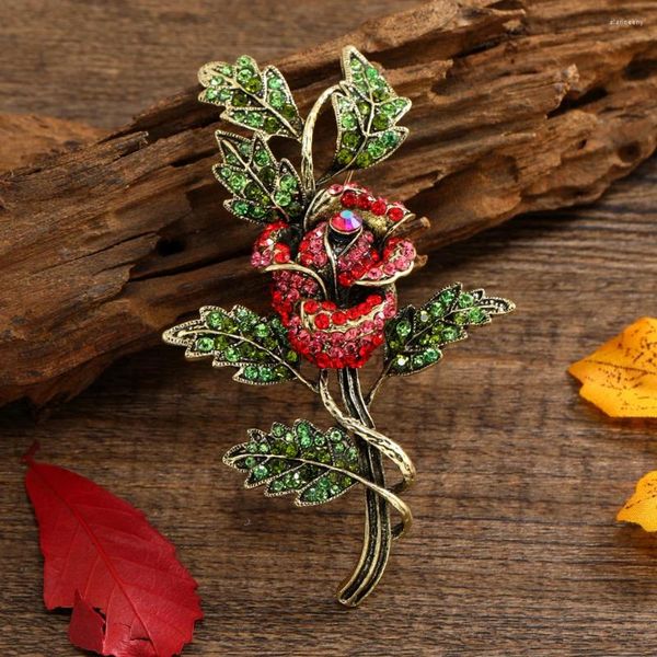 Spille Morkopela Fiore vintage rosa rossa con strass foglia verde per donna Accessori di lusso per gioielli con spilla