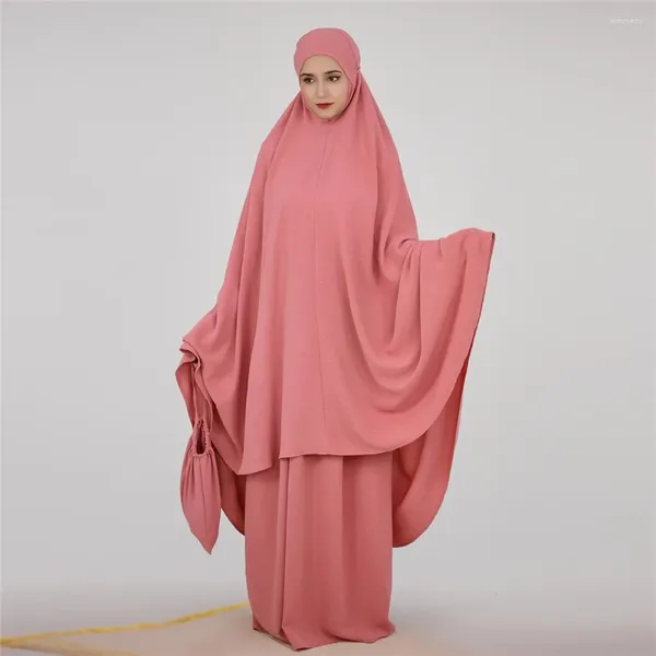 Roupas étnicas Cetim Abaya e Khimar Conjunto para Mulheres Caftan 2 Peça Islâmico Com Capuz Abayas Ramadan Eid Muçulmano Oração Vestuário Dubai Turquia