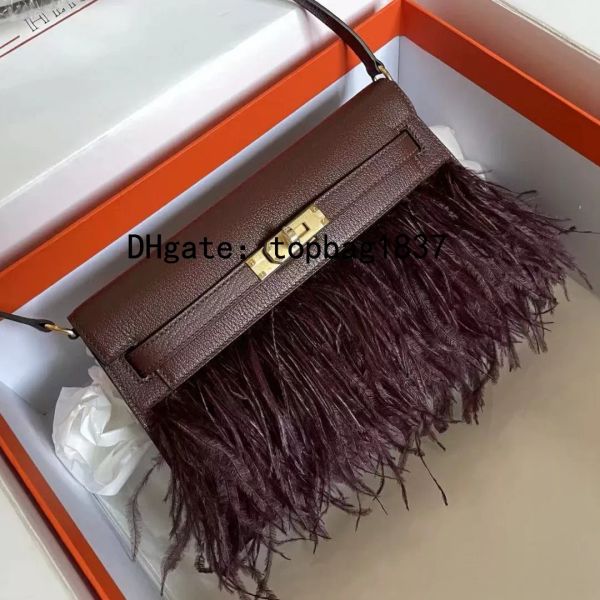 Tutte le borse da donna di lusso fatte a mano Qualità specchio 10a Borse firmate in stile speciale personalizzazione Veri peli di struzzo impiombati in pelle di capra marrone scuro con scatola originale