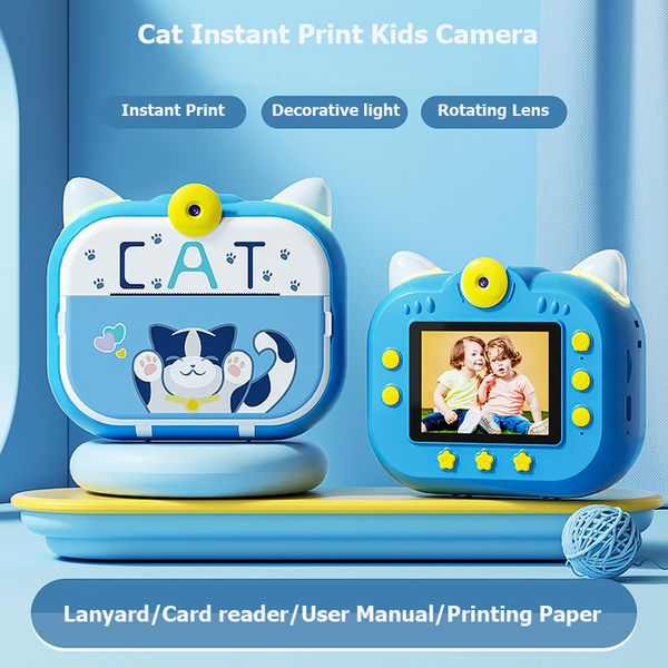 Câmera infantil de gato de desenho animado de 48M Pixels Impressão instantânea 1080P Câmera digital infantil com papel de impressão de tinta zero Natal Aniversário Brinquedo de câmera infantil para crianças de 3 a 12 anos