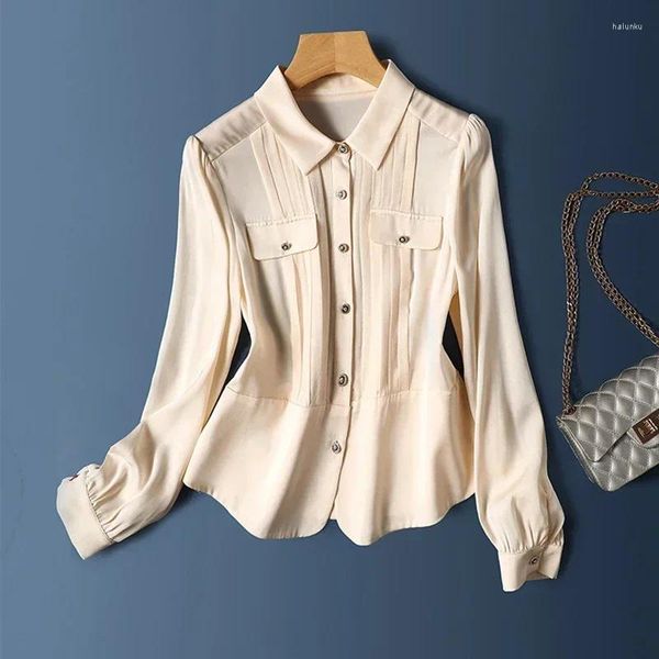 Женские блузки с отложным воротником, элегантная атласная женская блузка, осенняя однотонная шелковая рубашка на пуговицах, офисные женские винтажные топы с длинными рукавами Blusas 29945