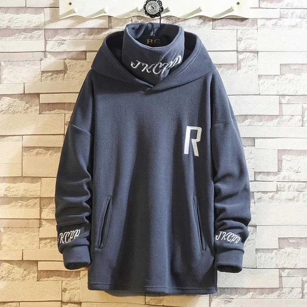 Moletons masculinos Moletons Harajuku High Neck Fleece Hoodies Homens Outono Inverno Hip Hop Street Fashion Moletom Solto Fit Oversized Hoodie para Mens J240126