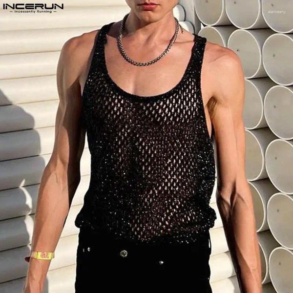 Männer Tank Tops 2024 Männer Mesh Transparent Oansatz Ärmellose Streetwear Kleidung Fitness Sexy Solide Party Mode Westen INCERUN