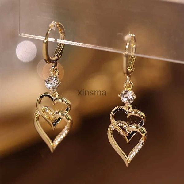 Orecchini a bottone di lusso a doppio strato con cuore per le donne Orecchini con strass in cristallo coreano da sposa orecchini gioielli Pendientes Mujer YQ240129