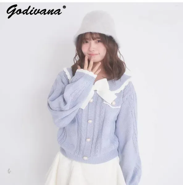 Kadın Sweaters Sonbahar ve Kış Japon Tatlı Kız Yay Sweatwear Tek göğüslü Kısa Kısa Ceket