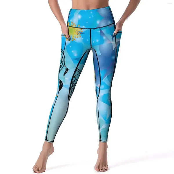 Calça ativa azul apanhador de sonhos yoga feminino impressão abstrata leggings push up estética legging elástico gráfico ginásio esporte