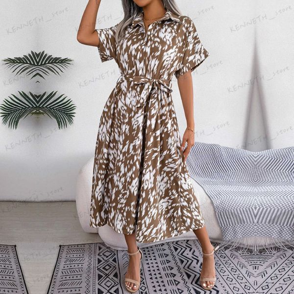 Vestidos casuais básicos primavera verão senhoras casual solto leopardo rendas até camisa vestido feminino moda vestidos chiques t240129