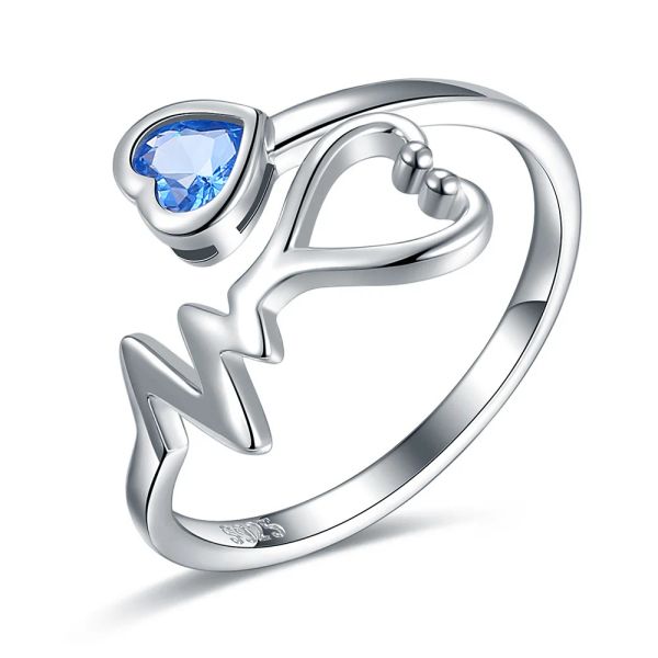 Anéis 925 prata esterlina batimento cardíaco estetoscópio jóias aberto anel ajustável presentes de formatura para estudante de medicina enfermeira médico mulher