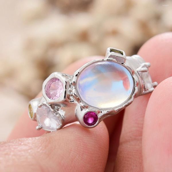 Cluster-Ringe, süßer bunter Kristall-Opal-Stein, alle passenden Sommergeschenke, platiniert, weibliche Party-Ring-Schmuck für Mädchen-Hand