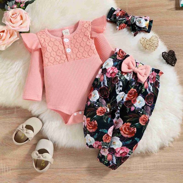 Conjuntos de roupas 2023 novo bebê menina conjunto 6 12 18 24 meses infantil meninas roupas arco rosa manga longa macacão + calças moda bebê roupas conjunto