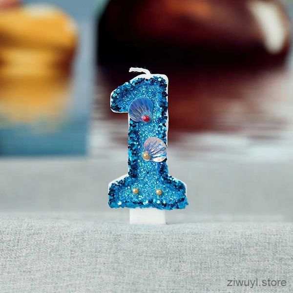 Velas para aniversário infantil, 2 peças, 0-9 números, vela azul, concha do mar, glitter, velas de cera natural para decoração de bolo, festa de aniversário