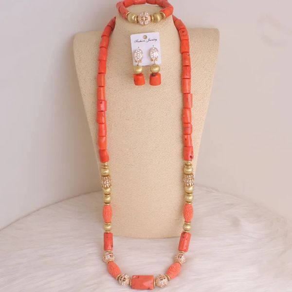 Dudo 40 polegadas tradicional noivo real coral contas conjunto de jóias africanas incluem colar + pulseira