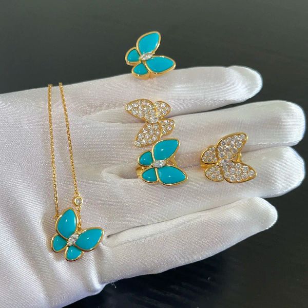 Set 2022 Nuovo marchio di qualità di lusso Blu turchese Orecchini a farfalla Neckalce Bracciale Anello per le donne Set di gioielli in argento sterling 925