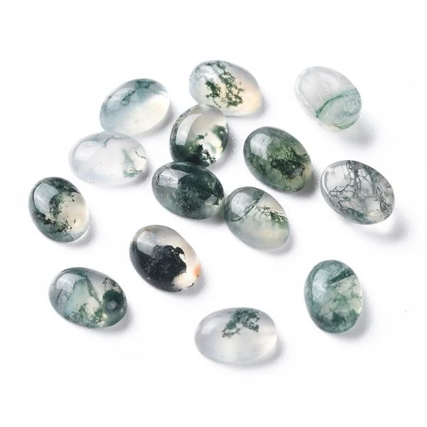 Lucite 20 Stück natürliche Moosachat-Cabochons, ovale Cabochons mit flacher Rückseite, ohne Loch, Perlen für die Herstellung von Halsketten, Schmuck, handgefertigt, grün, 7,5 x 5,5 x 3 mm