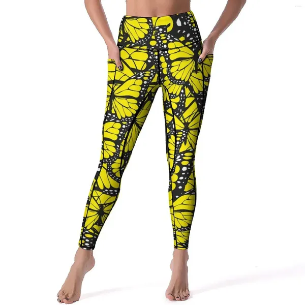 Aktive Hose, gelber Schmetterling, Yoga, Damen, Animal-Print, Leggings, hohe Taille, Retro-Leggings, elastisches Design, Fitnessstudio, Sport