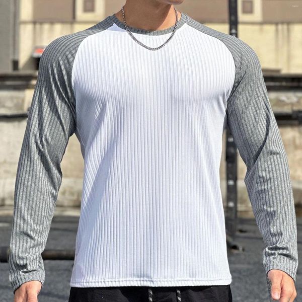 Мужские футболки, однотонные, с круглым вырезом, спортивная текстурированная ткань, топ с длинными рукавами, подходит для укороченных мужчин, больших и высоких