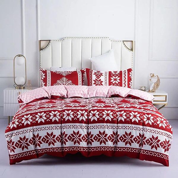 Conjuntos de cama Conjunto de capa de edredão de Natal Vermelho Padrão de floco de neve Folha de cama Fronha