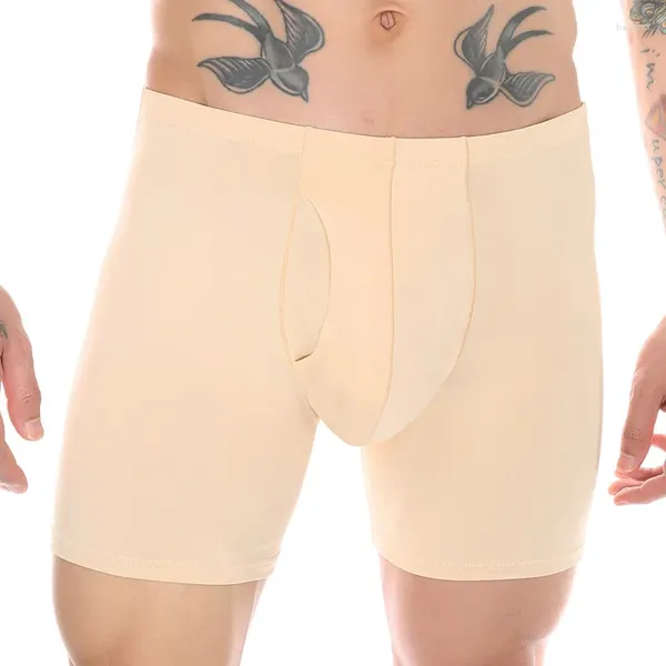 Cuecas musculação boxer shorts homens bulge bolsa roupa interior de seda gelo sem costura alongar calcinha homem fitness esporte