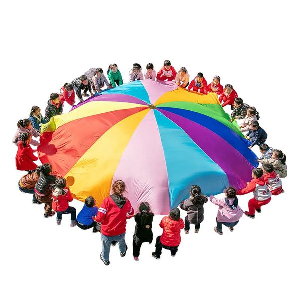 Divertido juego deportivo 2M4M5M6M Diámetro Al aire libre Arco iris Paraguas Paracaídas Juguete JumpSack Ballute Play mat juguete niños regalo 240123