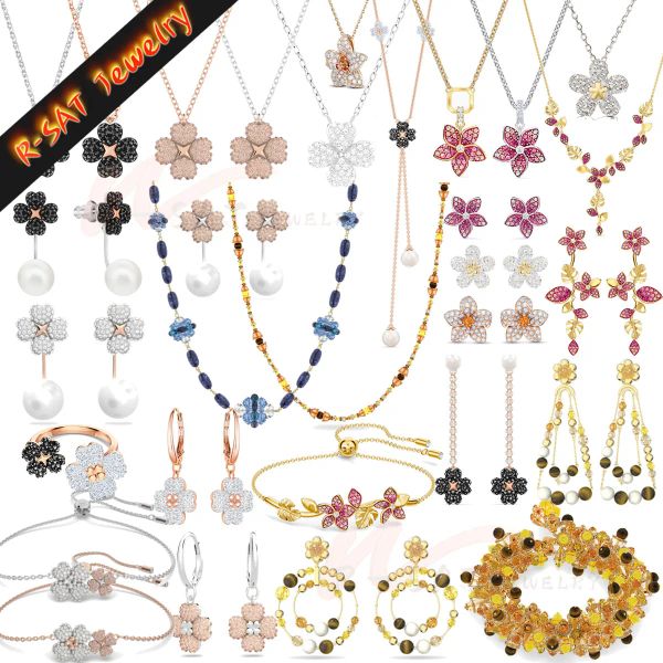 Halskette Brautschmuck Sets Original österreichische Kristall-Latisha-Perlenohrringe Blumenketten Kleeblatt-Armbänder für Frauen mit Logo