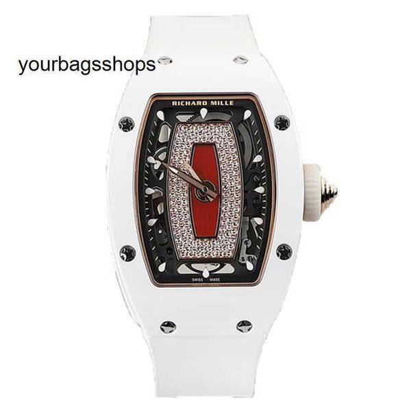 Movimento Relógio RM Relógio de Pulso Richarder Milles Relógio de Pulso Automático Mecânico Tourbillon RM07-01 Branco Cerâmica Vermelho Anel de Lábio Diamante Feminino