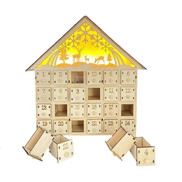 Calendario dell'Avvento natalizio in legno con luci a LED per regalo di Natale 25,3x29,5x6 cm/9,96x11,6x2,36 pollici 240118