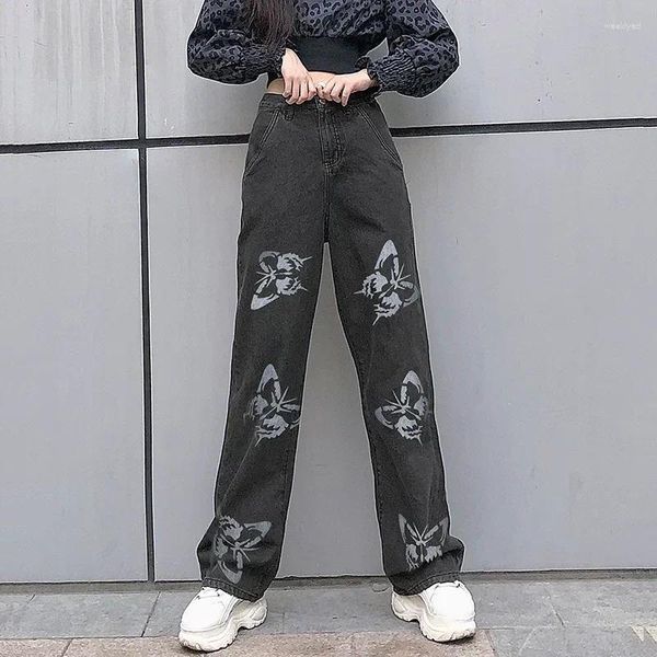 Frauen Hosen 2024 Schmetterling Muster Lose Denim Damen Koreanische Mode Hohe Taille Breite Bein Lässig Große Größe Streetwear