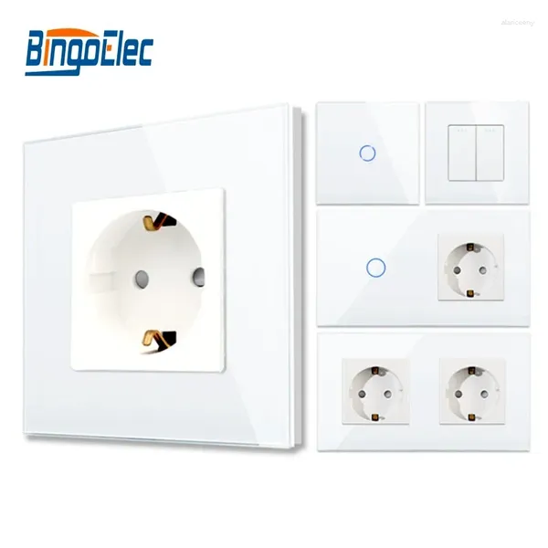 Controle Home Inteligente Bingoelec Interruptor de Toque de Luz Branca e Tomada de Parede com Painel de Vidro Cristal Switches Soquetes para Melhoria