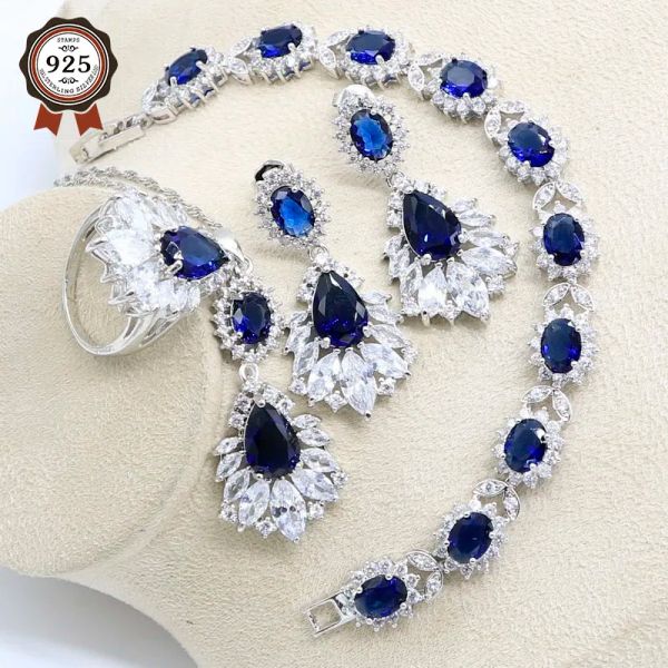Stränge Blauer Sapphire 925 Silber Braut Schmucksets Ohrring für Frauen anheizt Halskette Ring Armband kostenlose Geschenkbox