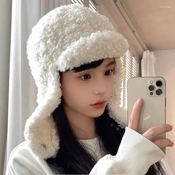 Berretti giapponesi tinta unita versatile lana di agnello protezione termica per le orecchie cappello volante cappello invernale da donna ciclismo antivento bomber da sci