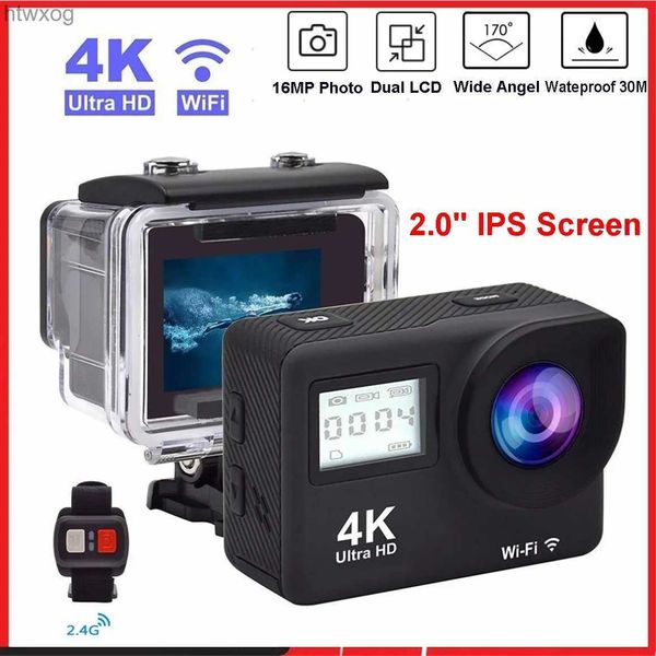 Sport-Action-Videokameras 4K Ultra HD Action-Kamera Doppel-LCD 2 IPS Wi-F 16MP 30M Go Wasserdicht Pro Sport DV Helm-Videokamera mit Fernbedienung YQ240129