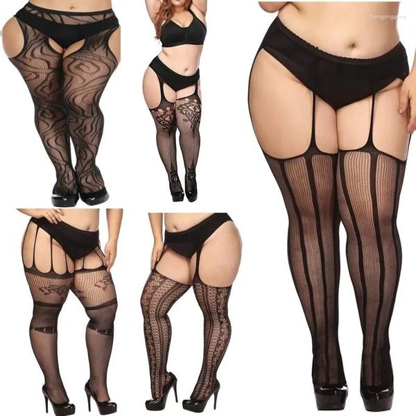 Mulheres meias tamanho grande fishnet meias pretas mais aberto crotchless corpo collants sexy lingerie fishnets oversize meia-calça